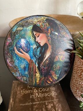 Mystical Woman Holding Orb Round Decorative Art Canvas - Blue